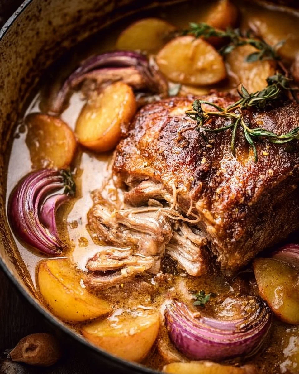 Apple cider braised pork shoulder served with vegetables and herbs