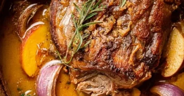 Delicious apple cider braised pork shoulder served with herbs and vegetables