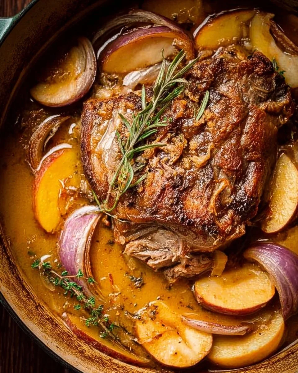 Delicious apple cider braised pork shoulder served with herbs and vegetables