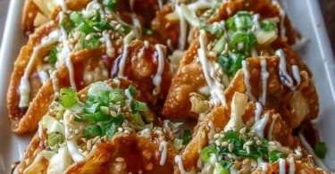 Applebee's chicken wonton tacos served with dipping sauce on a plate.