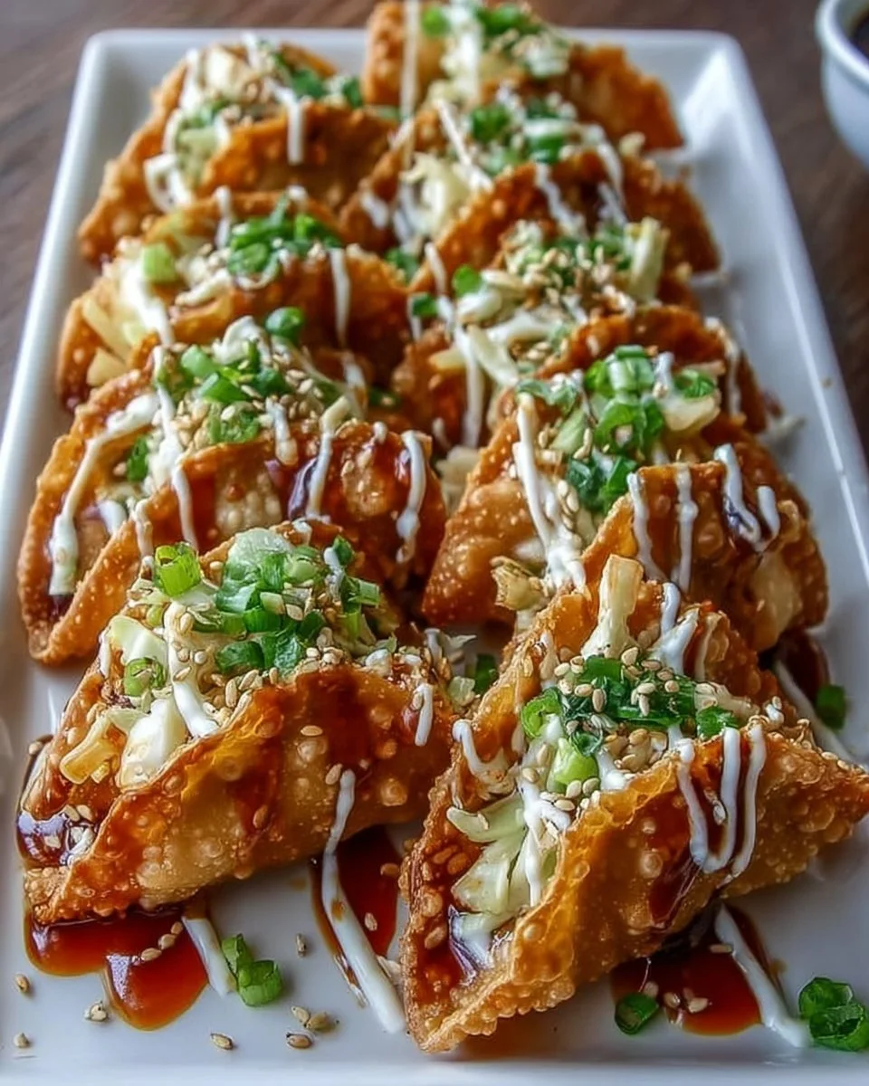 Applebee's chicken wonton tacos served with dipping sauce on a plate.