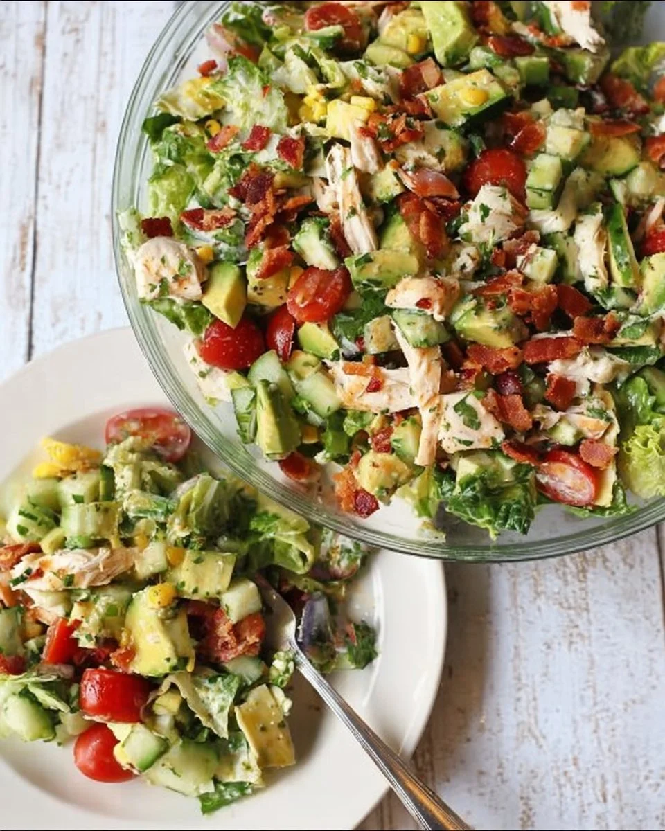 Bacon Avocado Chicken Salad with Lemon Vinaigrette served in a bowl