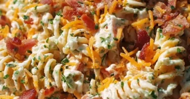 Delicious bacon ranch pasta salad with creamy dressing and fresh ingredients