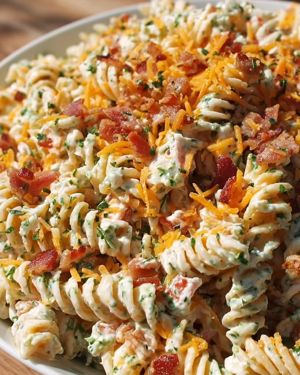 Delicious bacon ranch pasta salad with creamy dressing and fresh ingredients