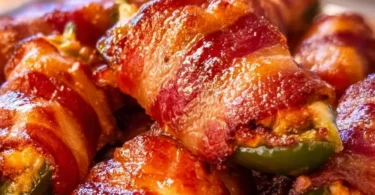 Bacon wrapped jalapeno poppers plated and garnished