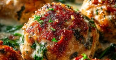 Baked chicken ricotta meatballs on a plate garnished with herbs