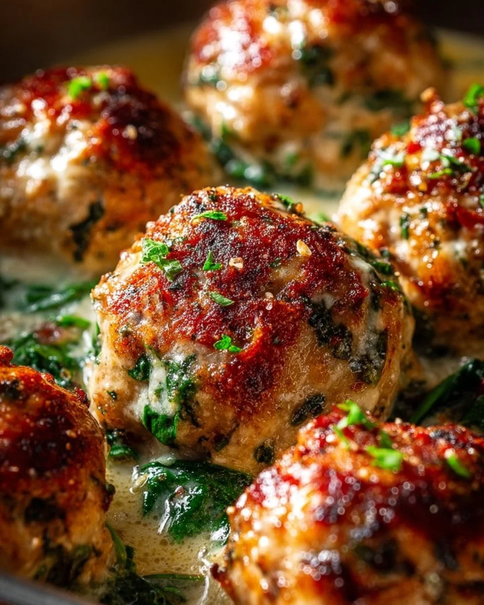 Baked chicken ricotta meatballs on a plate garnished with herbs