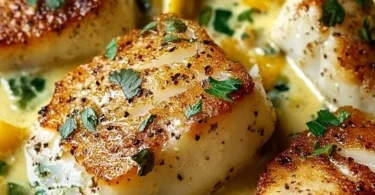 Baked cod fillets served in coconut lemon cream sauce with herbs