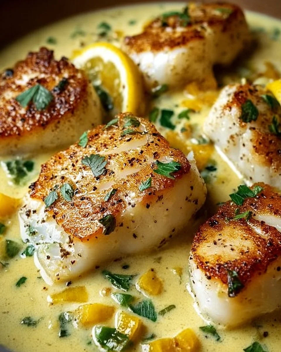 Baked cod fillets served in coconut lemon cream sauce with herbs