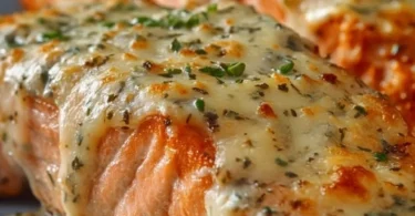 Baked salmon topped with mayo and cheese, served on a plate.