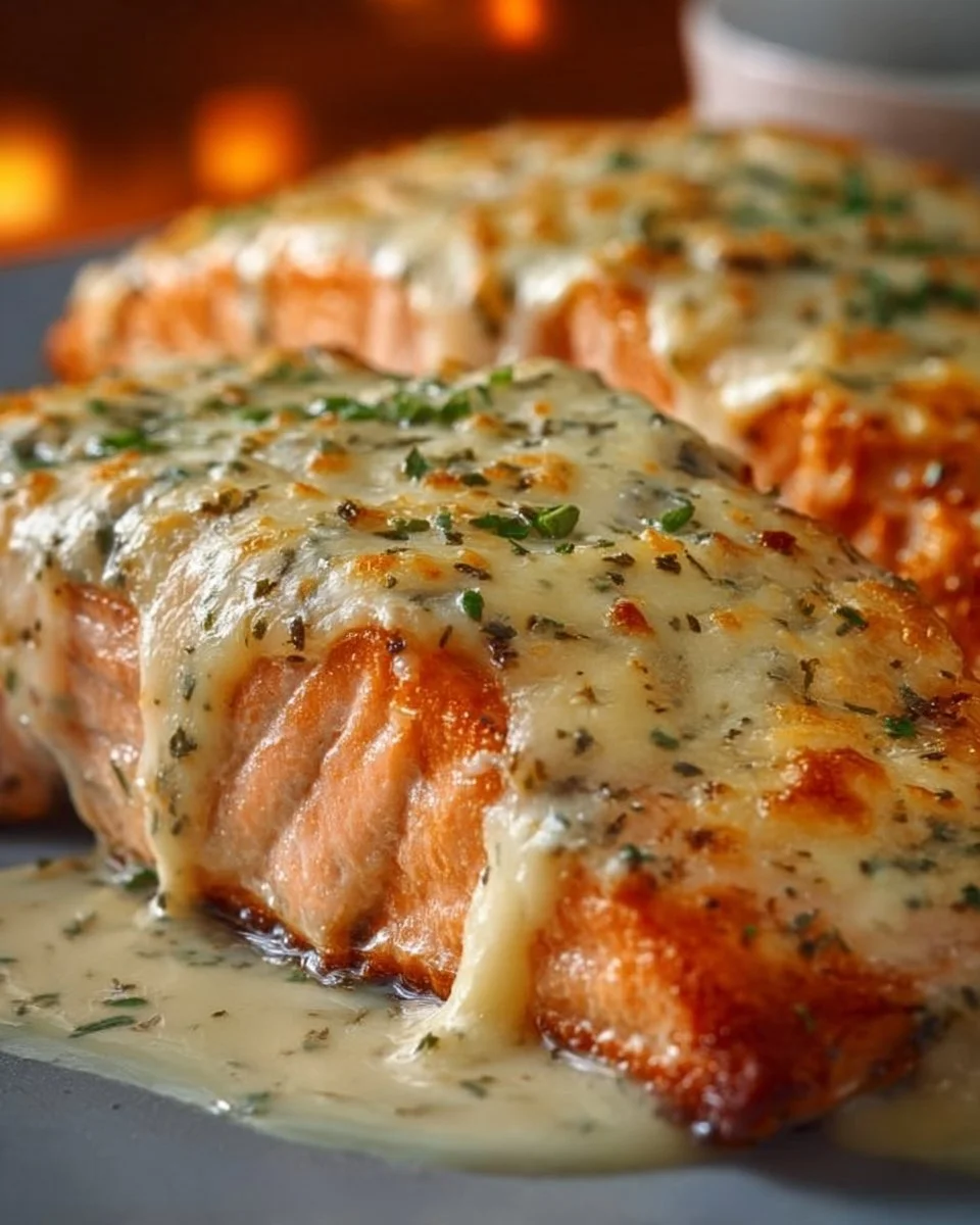 Baked salmon topped with mayo and cheese, served on a plate.