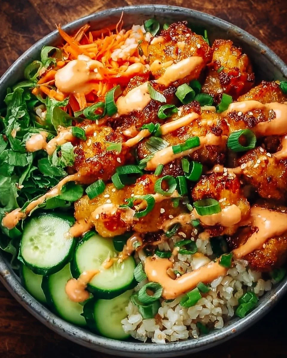 Delicious Bang Bang Chicken Bowl Delight with vibrant toppings and sauces