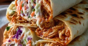 BBQ chicken wraps with coleslaw served on a plate