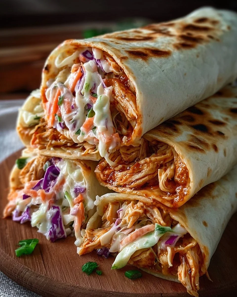 BBQ chicken wraps with coleslaw served on a plate