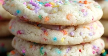 Delicious birthday cake cookies decorated with colorful sprinkles and frosting.