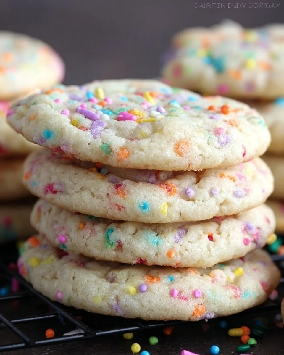 Delicious birthday cake cookies decorated with colorful sprinkles and frosting.
