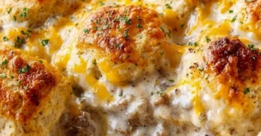 Biscuits and Gravy Casserole fresh out of the oven, ready to serve