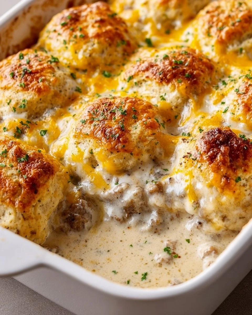 Biscuits and Gravy Casserole fresh out of the oven, ready to serve