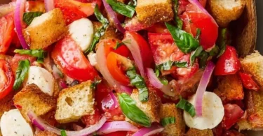 Delicious Bread Salad (Panzanella) made with fresh vegetables and bread