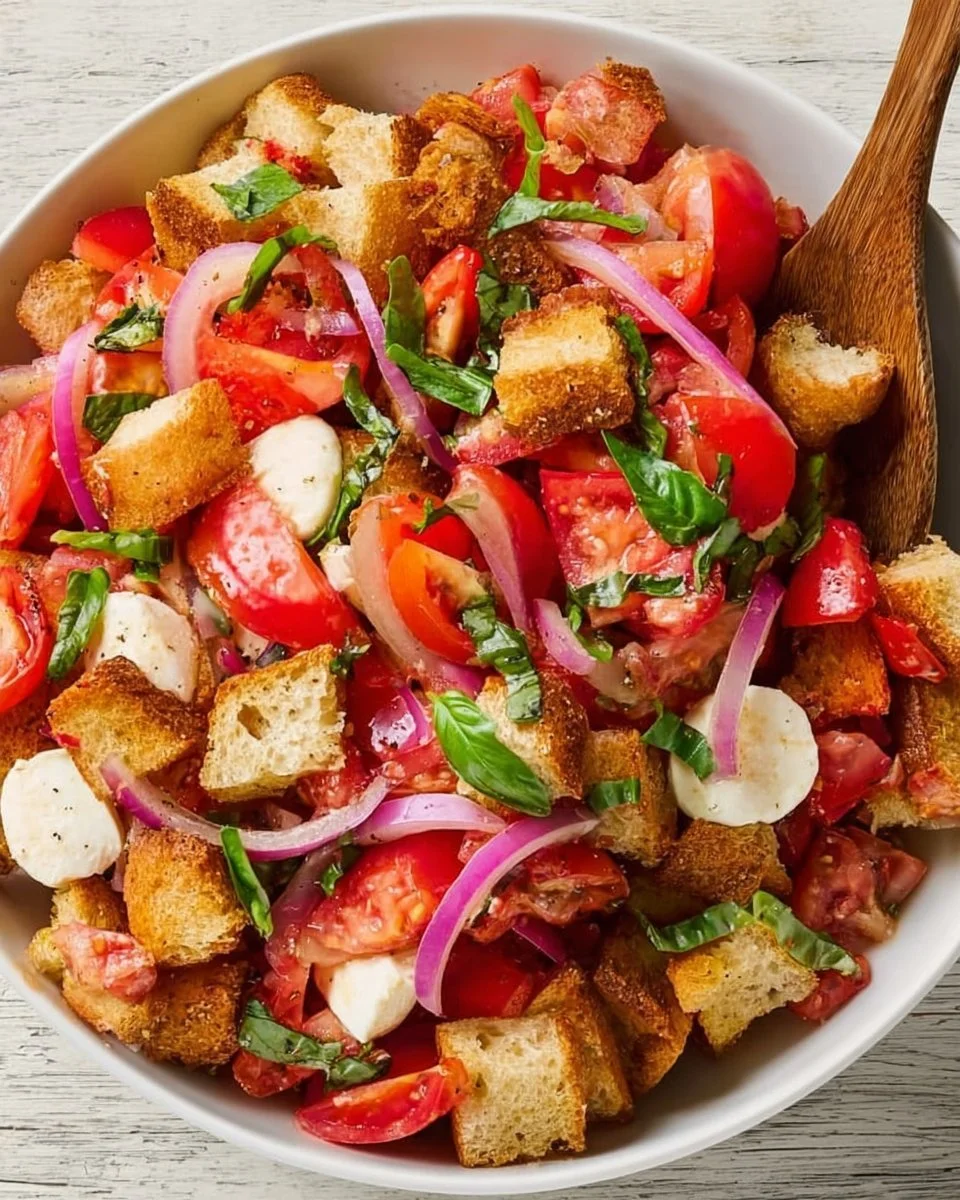 Delicious Bread Salad (Panzanella) made with fresh vegetables and bread