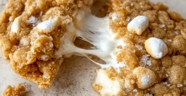 Brown butter marshmallow crispy cookies on a rustic wooden table.