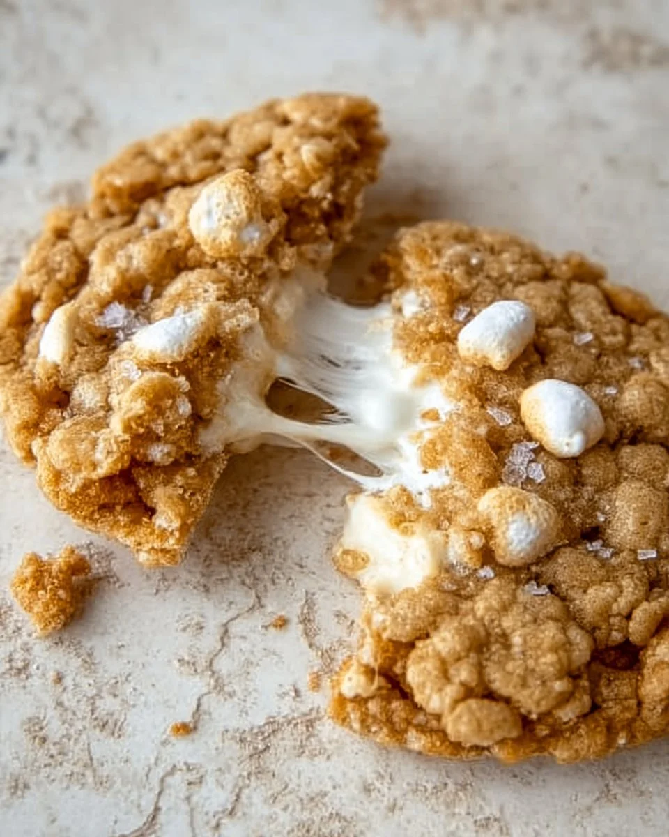 Brown butter marshmallow crispy cookies on a rustic wooden table.