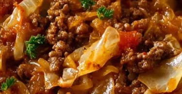 Cabbage and ground beef skillet recipe garnished with herbs in a pan
