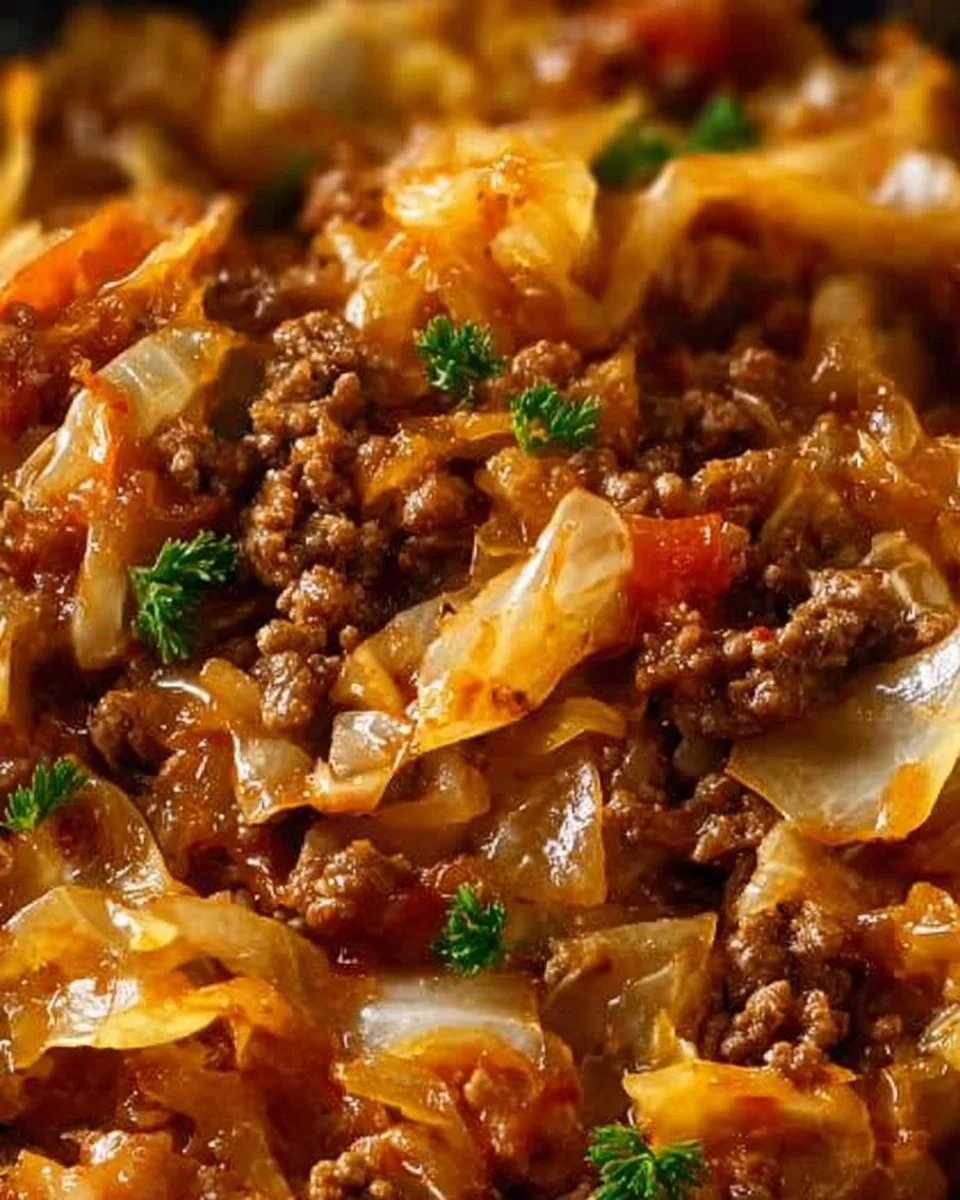 Cabbage and ground beef skillet recipe garnished with herbs in a pan