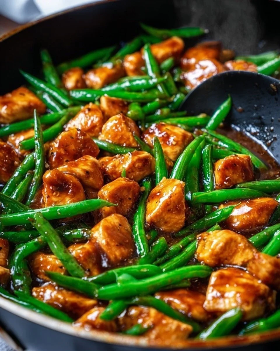 Grilled chicken breast served with sautéed green beans on a white plate