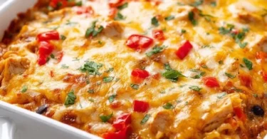 Delicious Chicken Fajita Casserole topped with melted cheese and fresh herbs