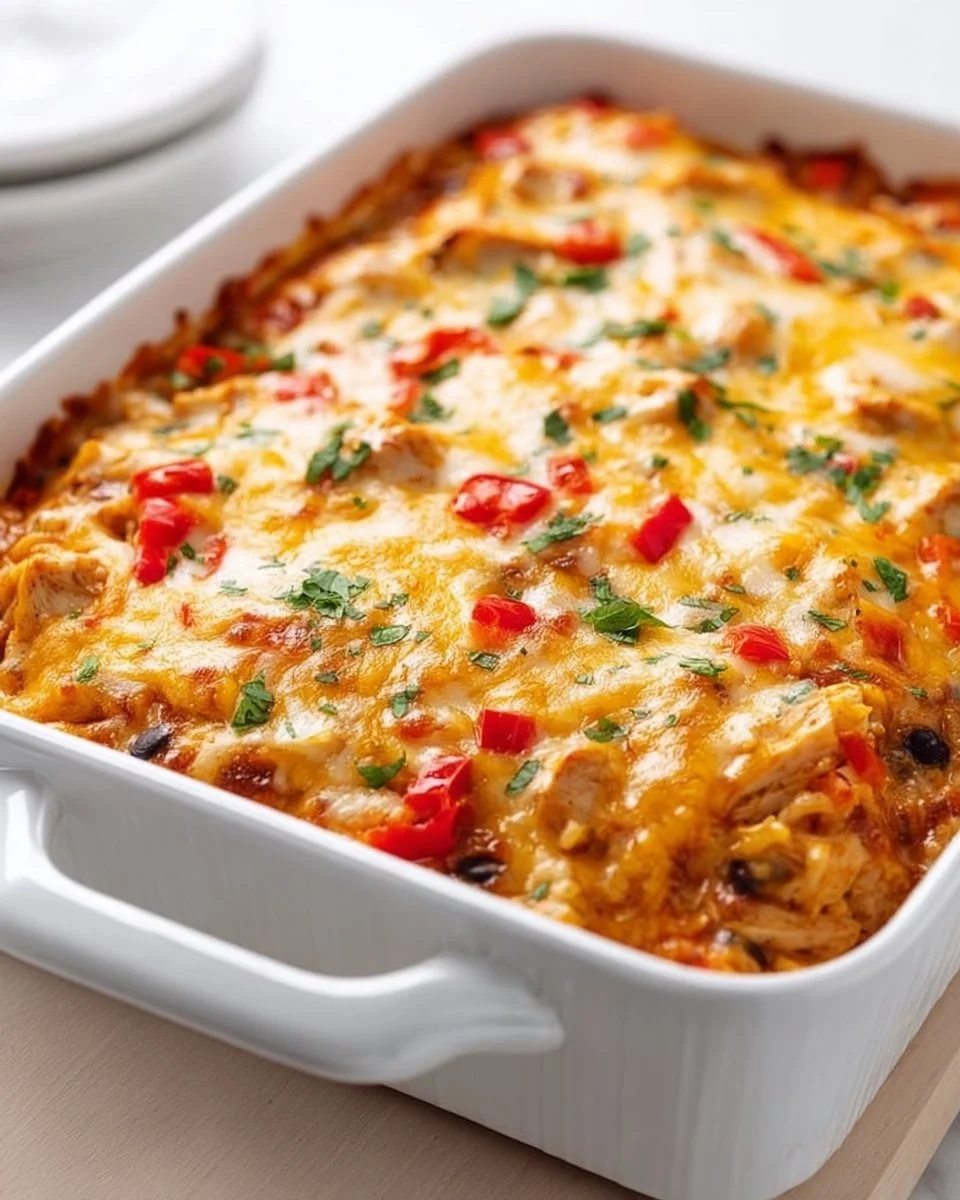 Delicious Chicken Fajita Casserole topped with melted cheese and fresh herbs