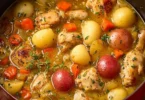 Bowl of homemade chicken stew with vegetables and herbs