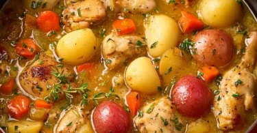 Bowl of homemade chicken stew with vegetables and herbs