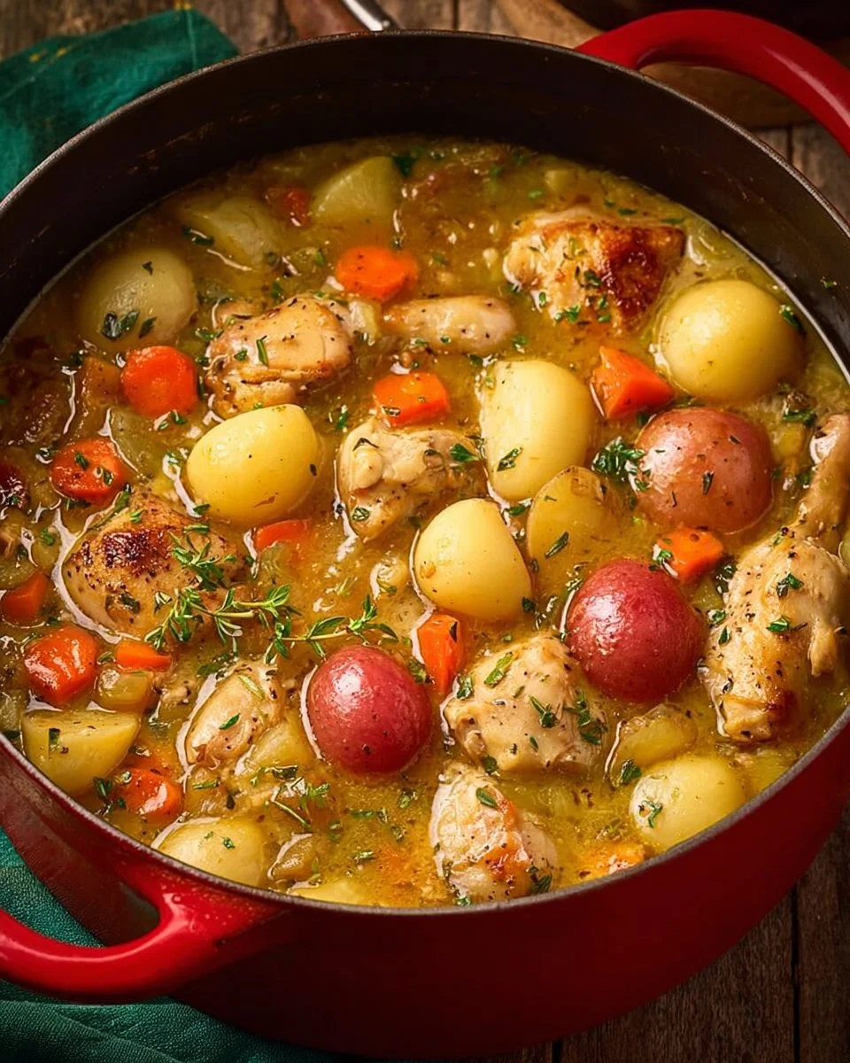 Bowl of homemade chicken stew with vegetables and herbs