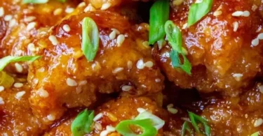 Delicious Chinese Honey Garlic Chicken garnished with sesame seeds and green onions.