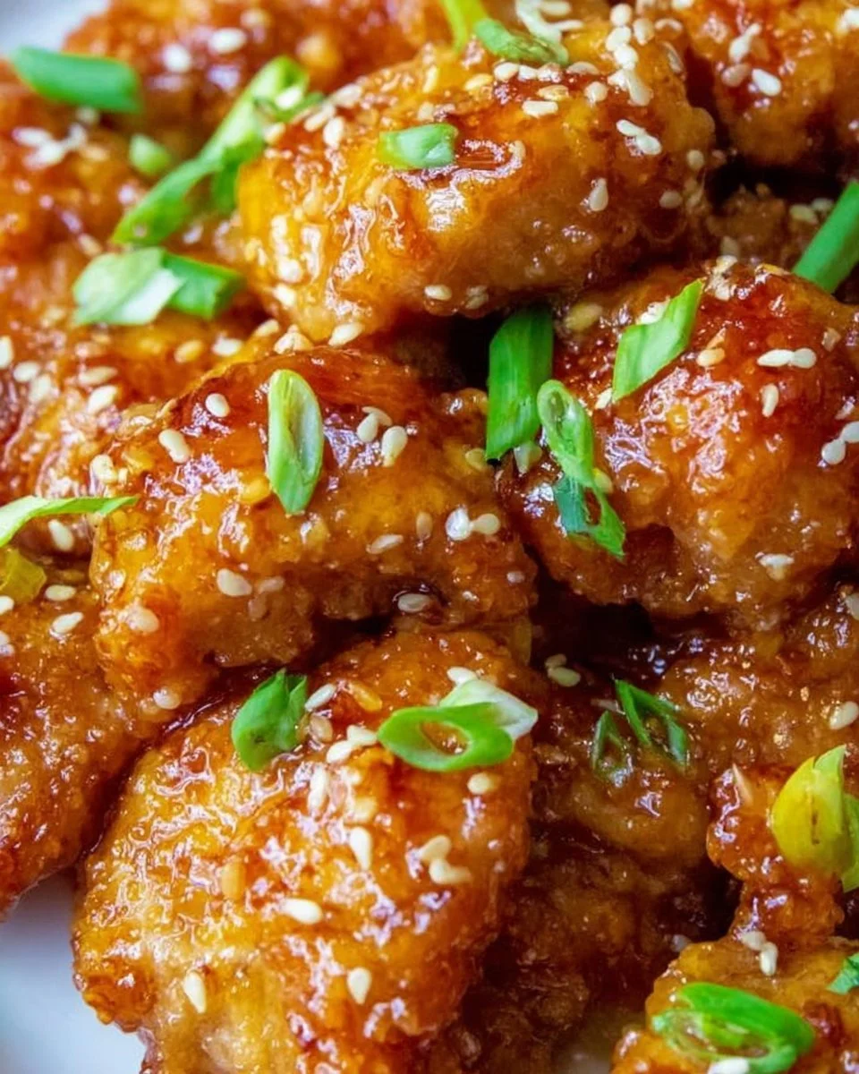 Delicious Chinese Honey Garlic Chicken garnished with sesame seeds and green onions.