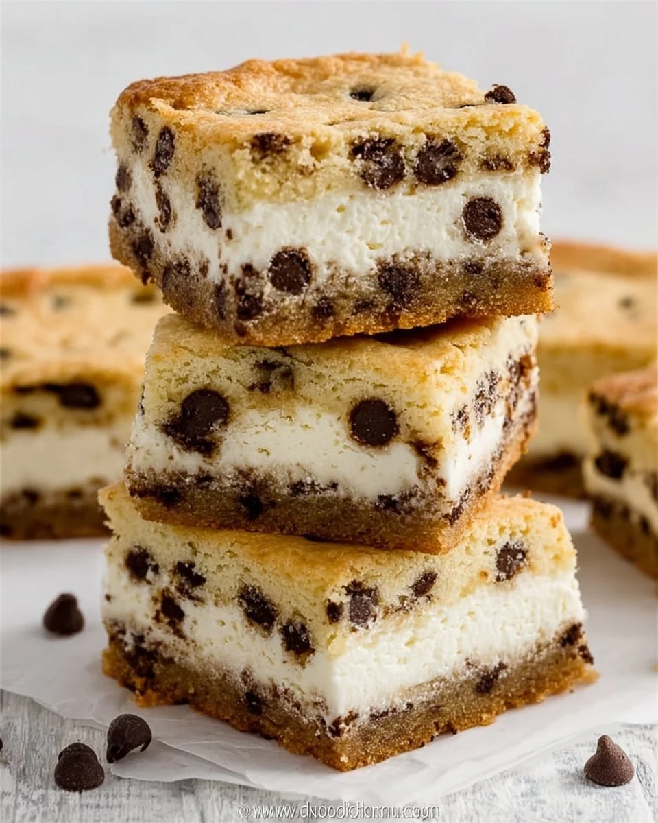 Delicious chocolate chip cheesecake bars on a plate with chocolate chips nearby