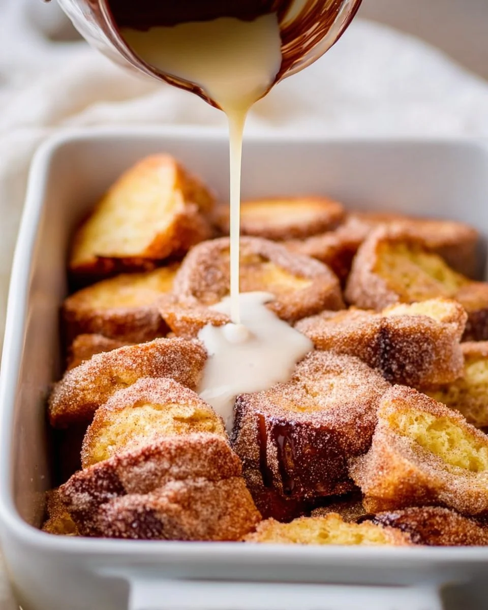Churro French Toast Casserole topped with Mexican chocolate drizzle