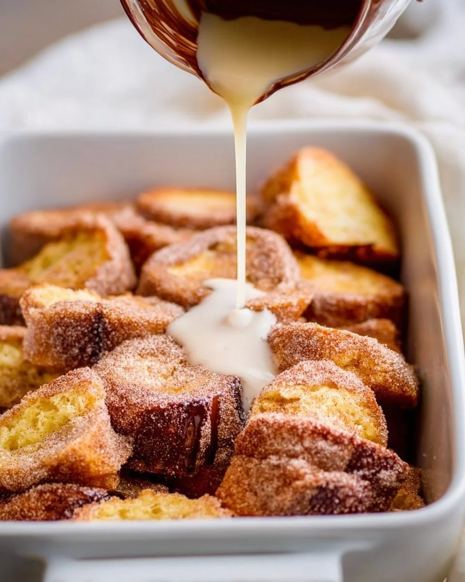 Churro French Toast Casserole with Mexican Chocolate Drizzle