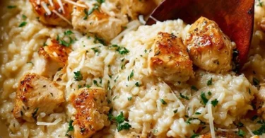 Delicious garlic parmesan chicken served with rice, a comforting meal.