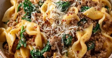 Comforting crockpot ground beef pasta in a bowl