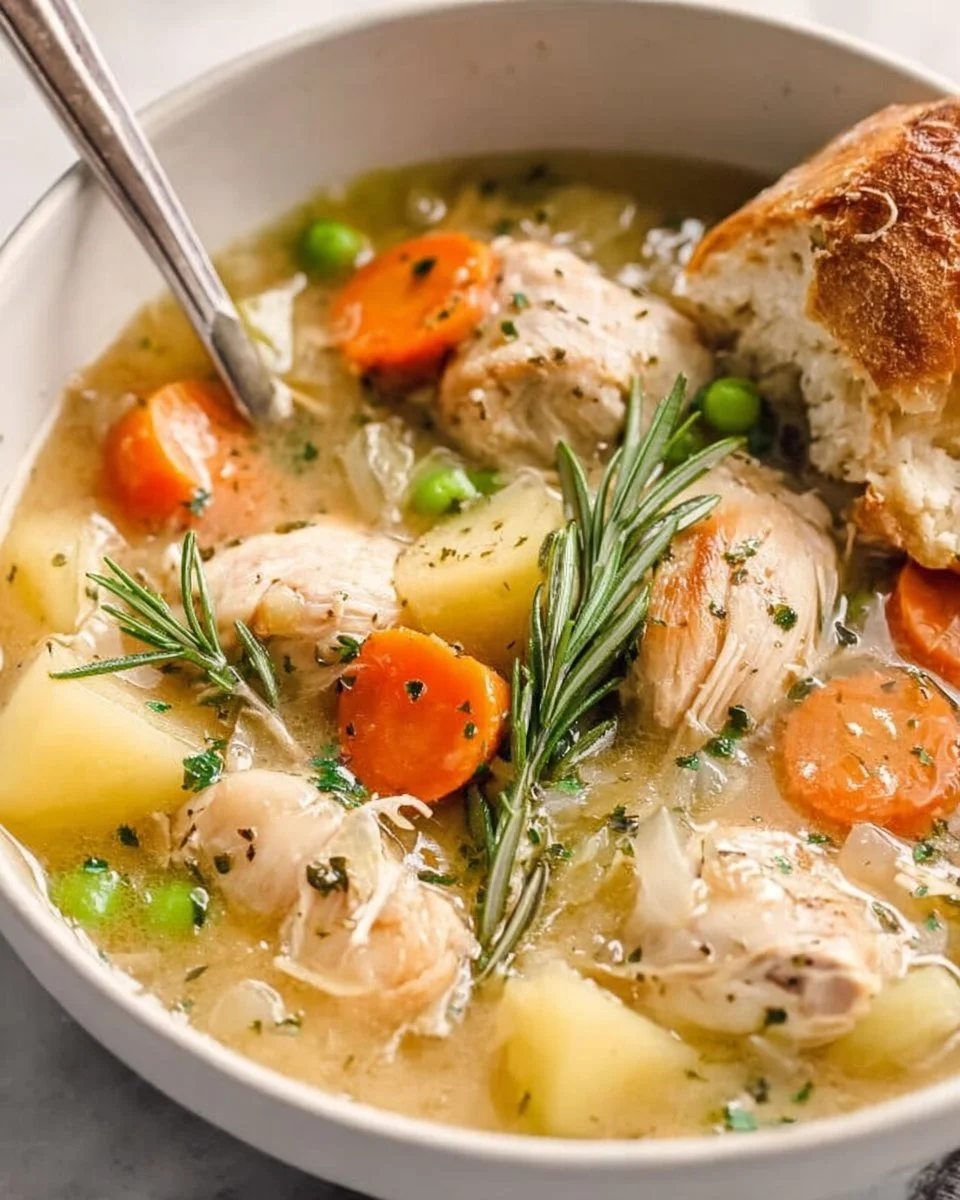 Bowl of comforting slow cooker white wine chicken stew with vegetables