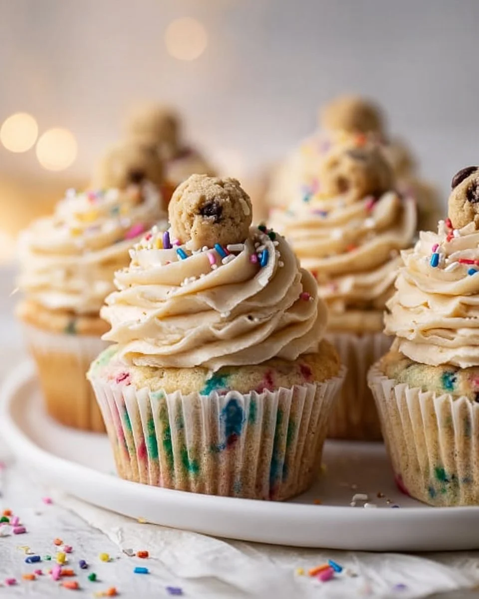 Delicious cookie dough cupcakes topped with creamy frosting and cookie dough bits