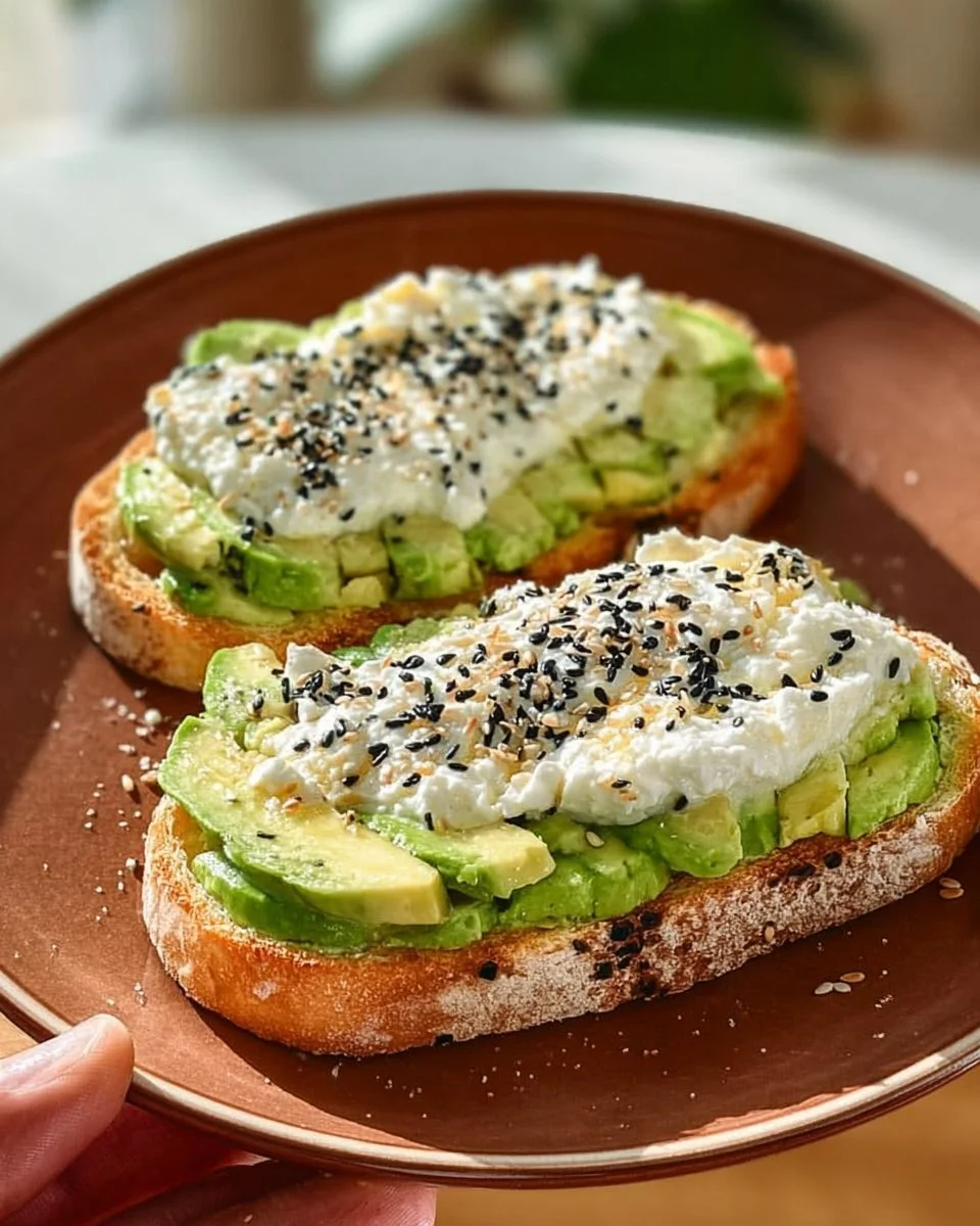 Delicious cottage cheese avocado toast topped with fresh herbs and spices