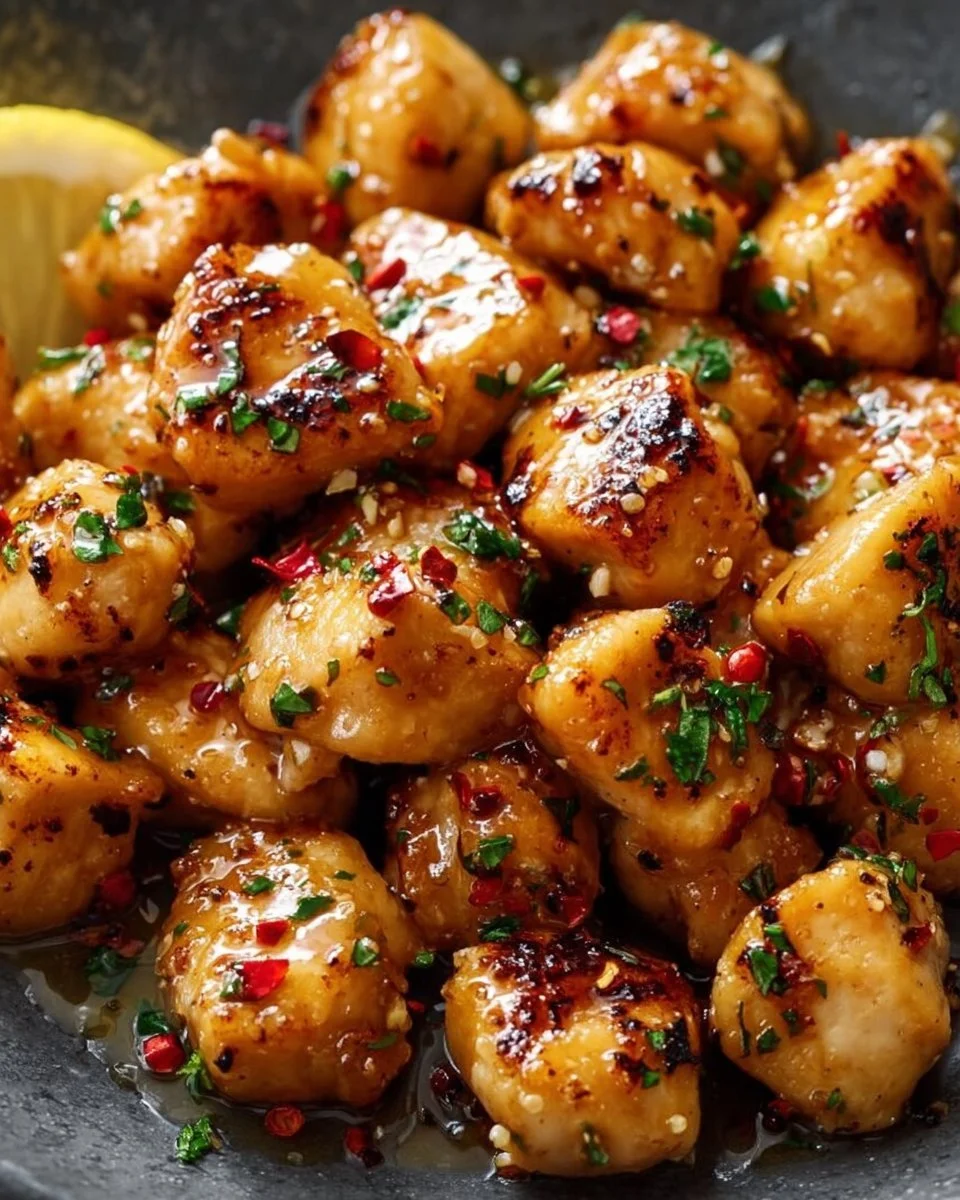 Cowboy Butter Chicken Bites served on a platter, garnished with herbs.