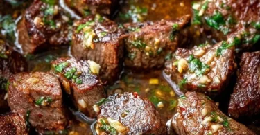Delicious Cowboy Butter Steak Bites served on a wooden platter.