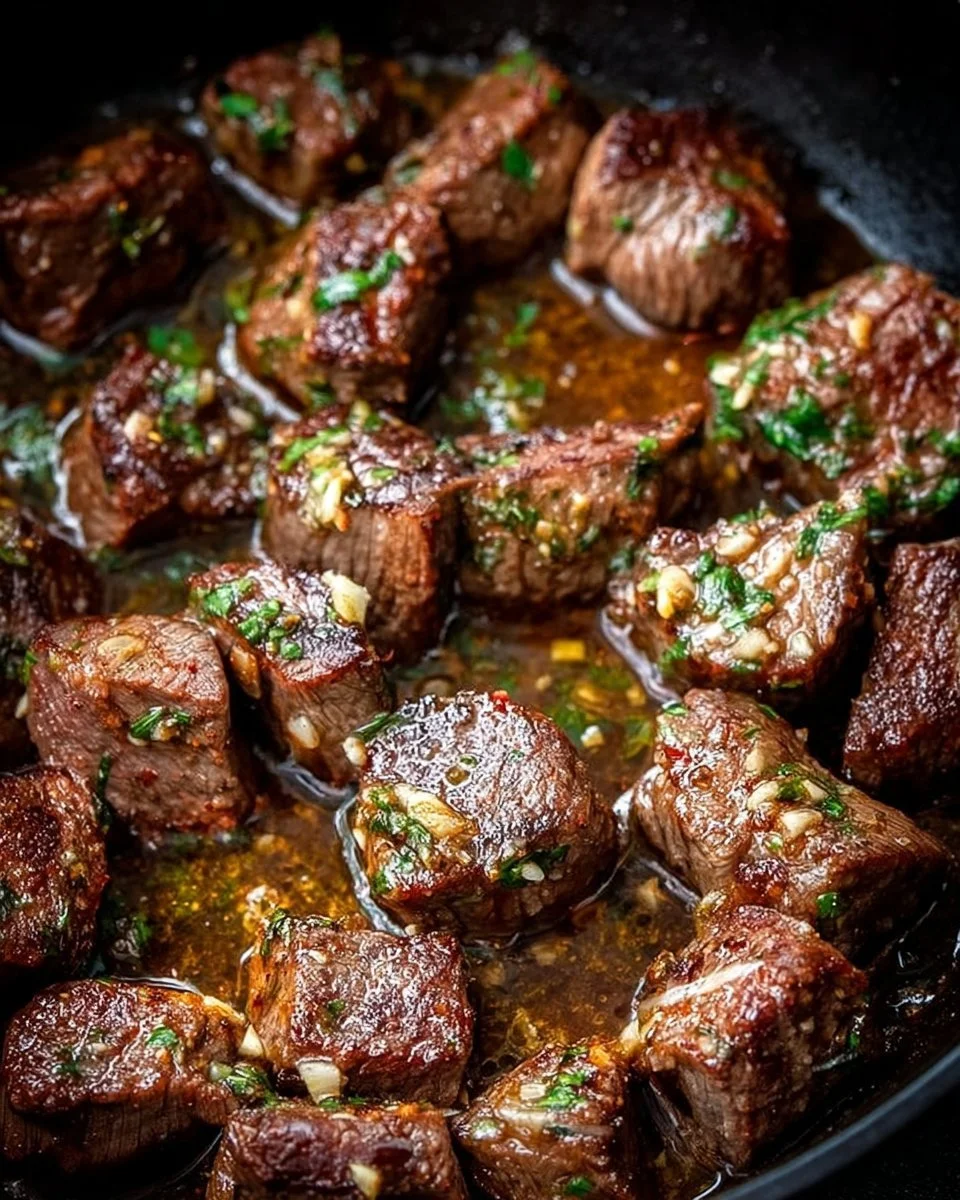Delicious Cowboy Butter Steak Bites served on a wooden platter.