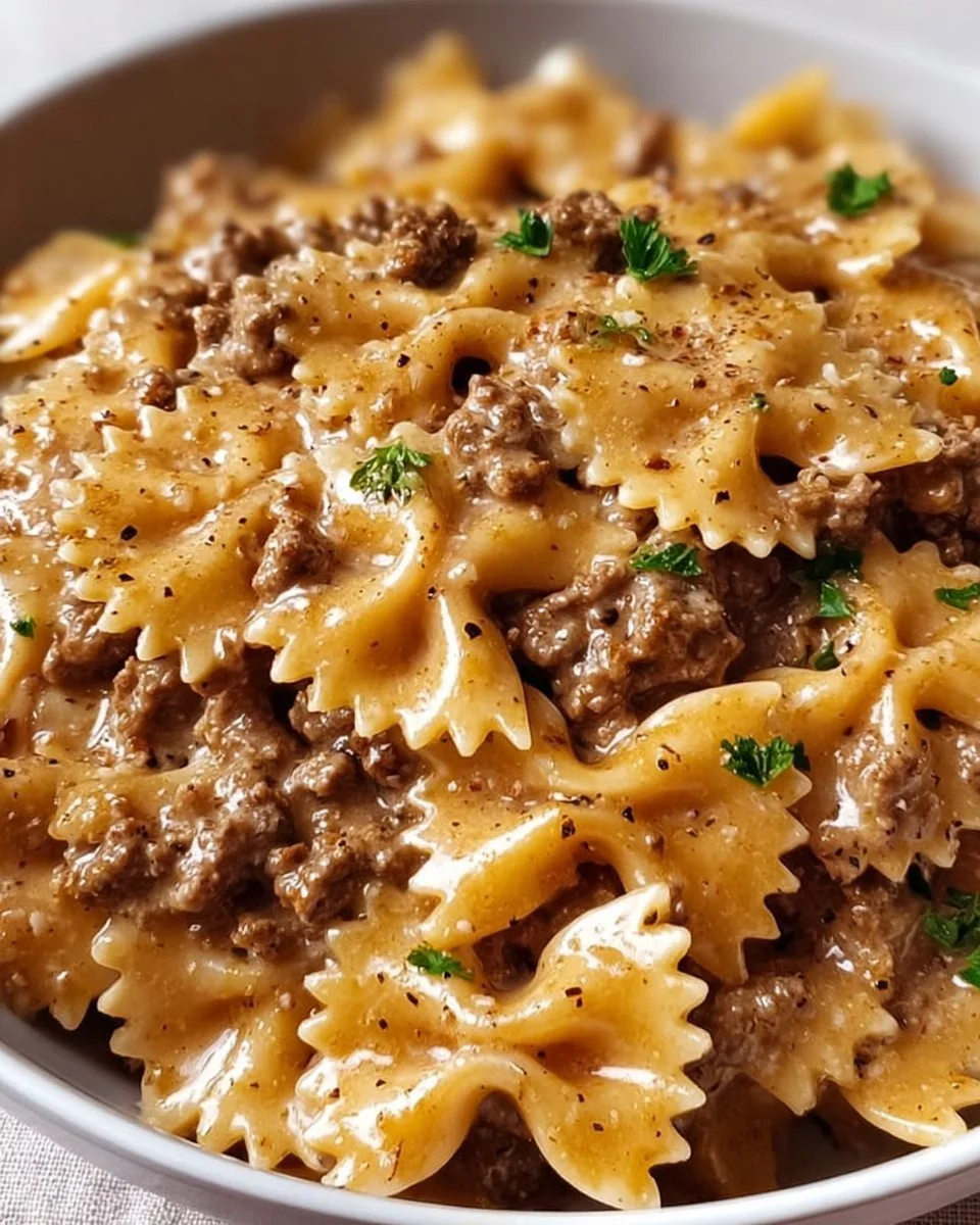 Delicious creamy beef pasta served in a bowl, garnished with parsley