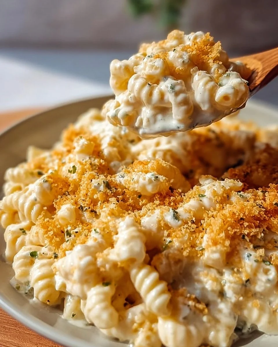 Creamy Boursin Mac and Cheese served in a bowl, topped with herbs.
