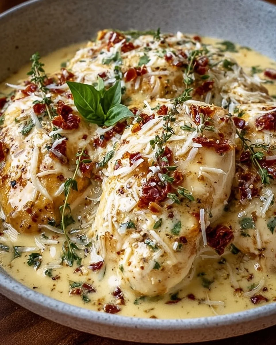 Creamy Crockpot Marry Me Chicken served with herbs and pasta